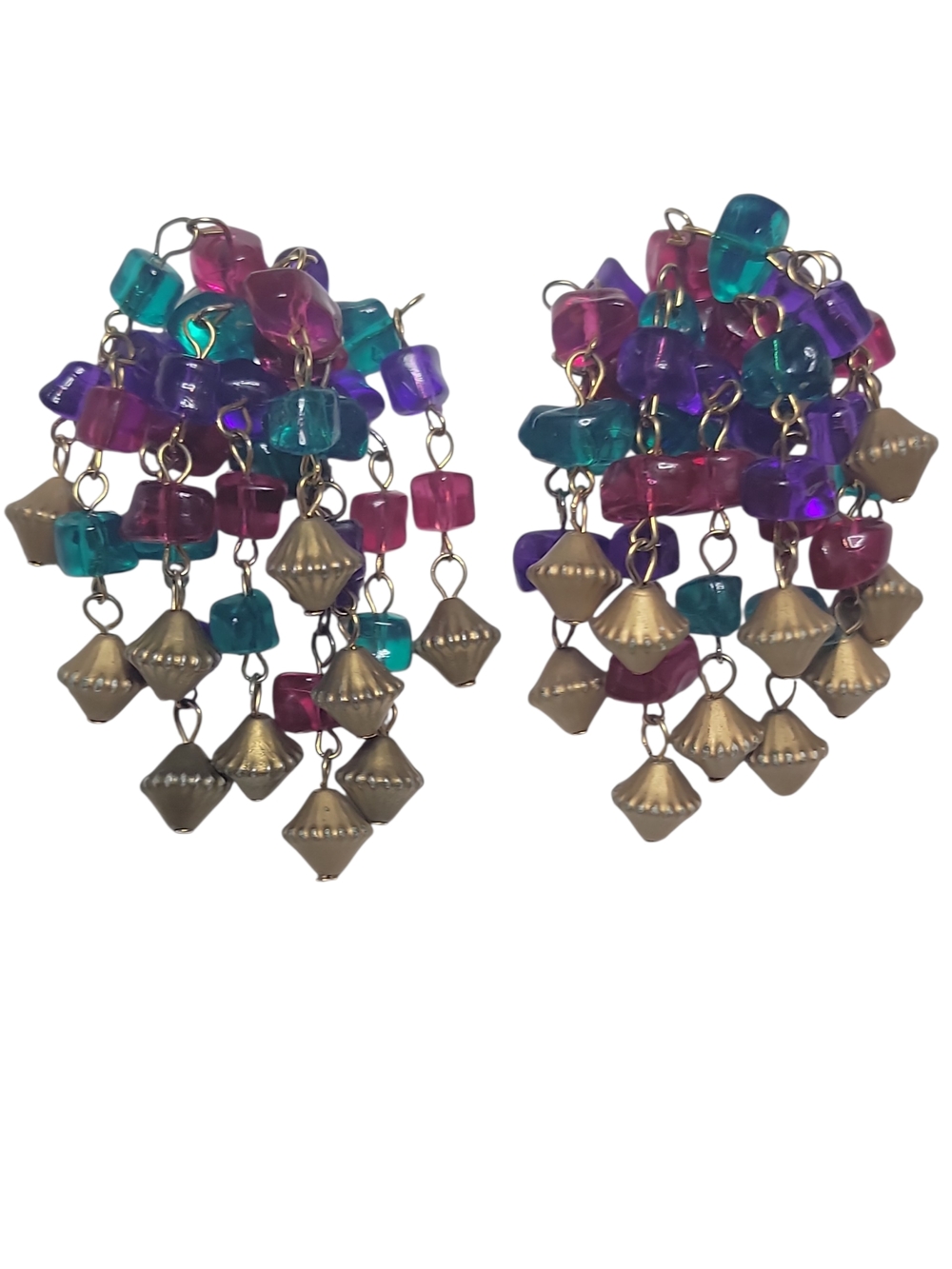 Vintage Colorful Acrylic Bead Waterfall Clip On Earrings 80s 90s Statement